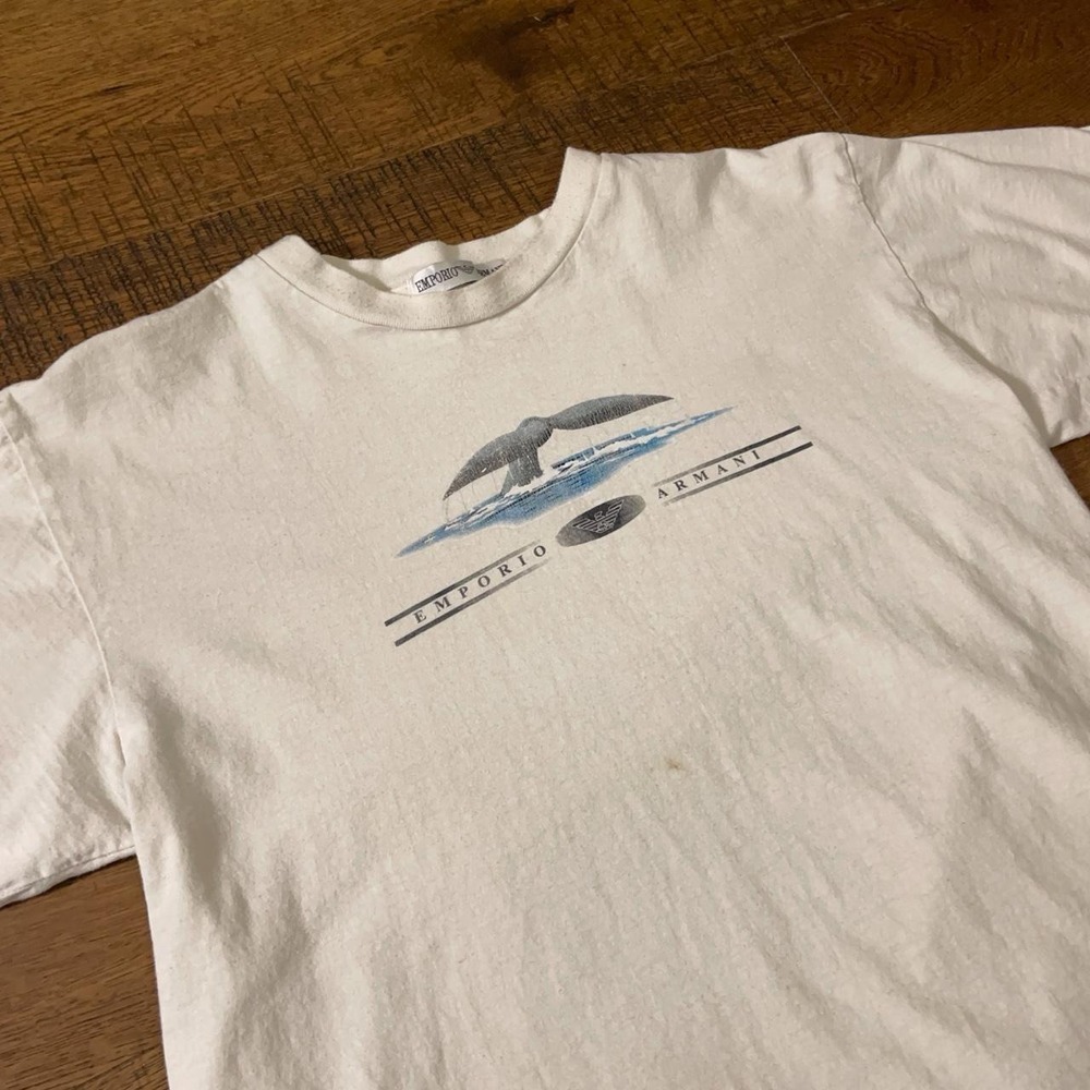 Emporio Armani T-Shirt Mens Medium White Y2K Whale Tail Surf Graphic Tee